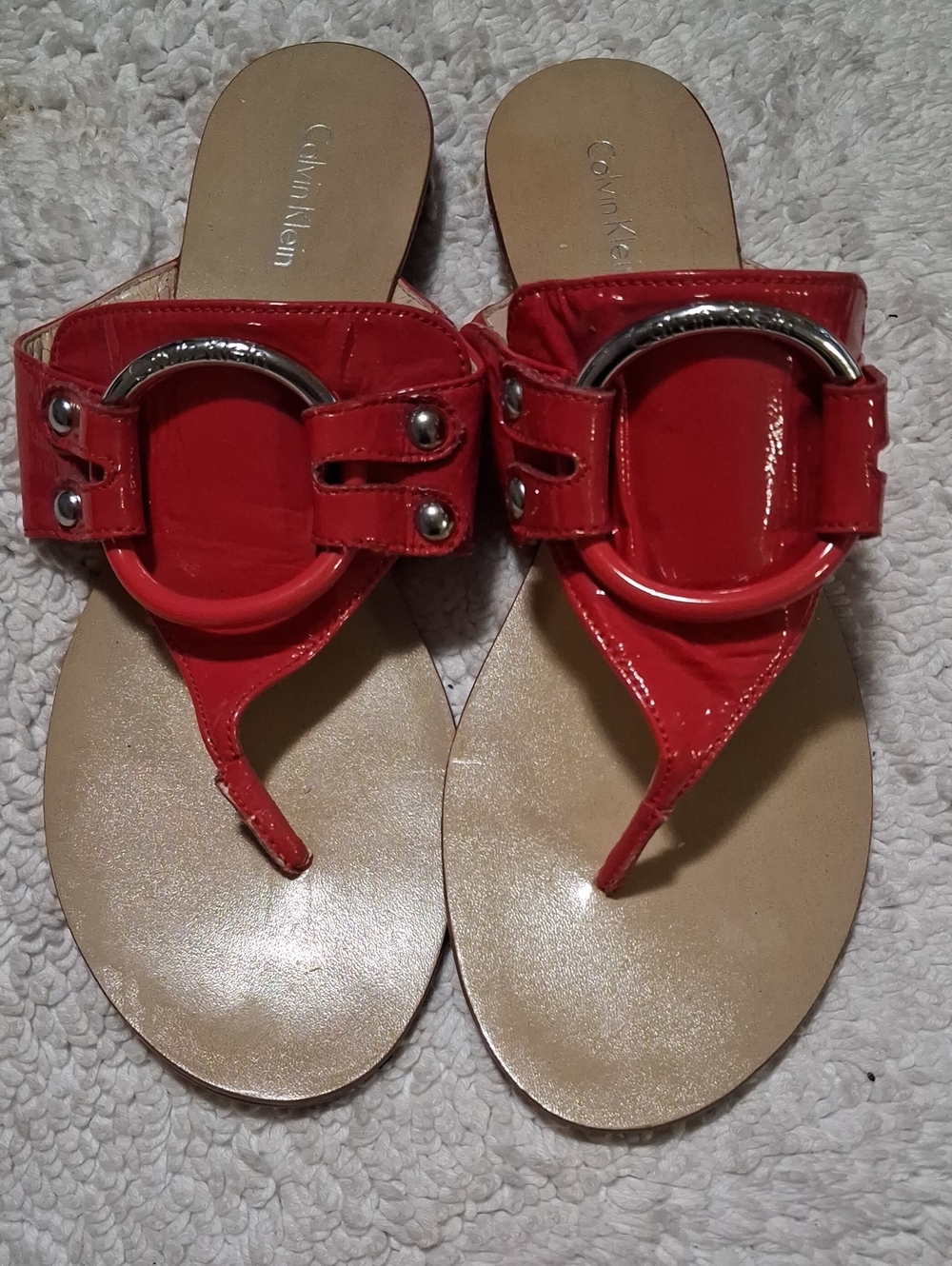 Calvin Klein Red Patent Thong Sandals with Silver Ring Detail